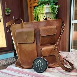 ABLE Tan Leather Messenger Bag Crossbody Laptop Commute